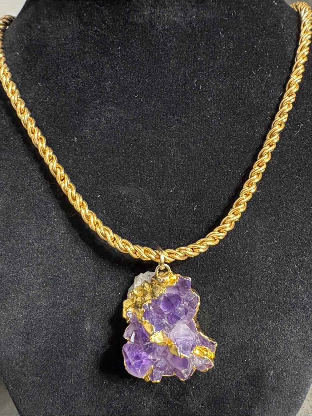 Vintage Signed Arnold  Amethyst Crystal Cluster Gold Tone Necklace